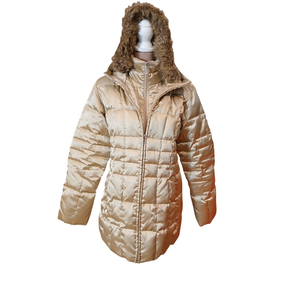 Lands End Goose Down Feather Women's Gold Puffer Coat Faux Fur Hooded Quilted M